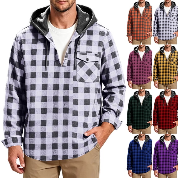 Button Plaid Shirts for Men,Long Sleeve Hooded Pullover Top with Drawstring and Chest Pocket,Trendy Casual Outfits