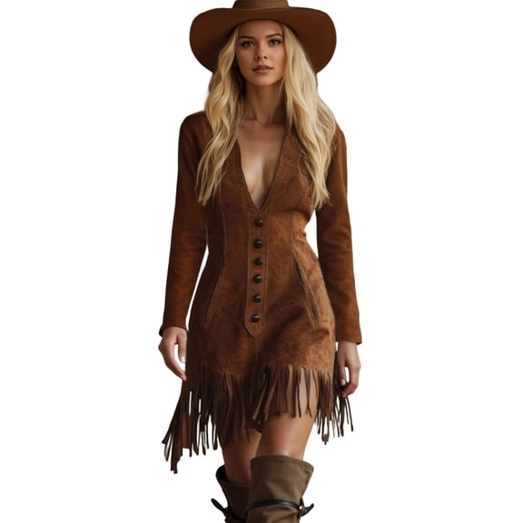 Button Pocket Fringe Casual Dress For Autumn Winter Fall Season Long Sleeve Tunic