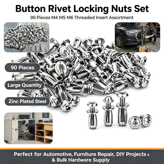 Button Rivet Locking Nuts Set - M4 M5 M6 Threaded Insert Assortment, 90 Pieces, Zinc Plated Steel Expansion Nuts for Automotive Furniture DIY Repair Projects