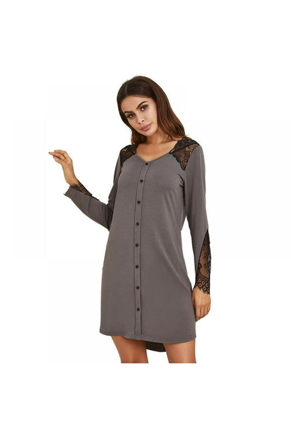 Button Down Sexy Nightgowns for Women Sleep Shirt Lace Stitching Long Sleeve Sleepwear Nightshirt Pajama Dress Solid Color Plus Size Pajamas Skirt,S-2XL