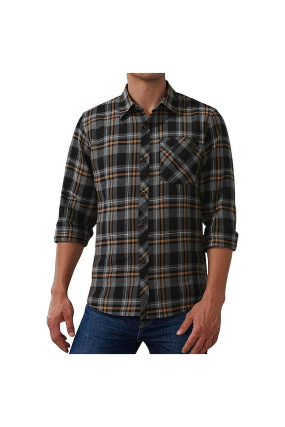 Button Shirt Checked Shirt for Men Plaid Shirt Cotton Lumberjack Regular Fit Men's Long Sleeve Black XXXL