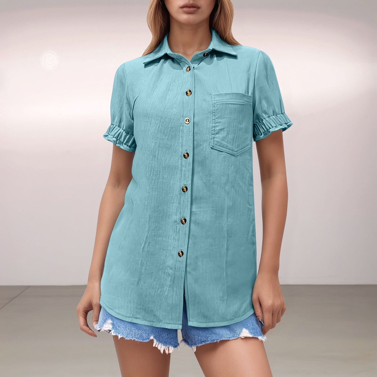 Women Spread Collar Casual Buttoned Top