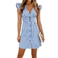 thumbnail image 1 of Button Down Shirt Dresses for Women Cap Sleeve Deep V Striped Mini Dress Bodycon Sexy Fashion Sundress Flutter Sleeve Ruffle Button Sundresses 2026 Summer Beach Vacation Outfits, 1 of 6