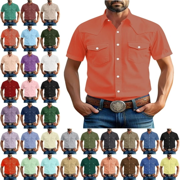 Button Down Shirt for Men Fashionable Solid Color Pocket Casual Short Sleeve Turndown Collar Blouse Shirt Men's Shirts Short Sleeve Casual Shirts Beach Summer Wedding Shirt
