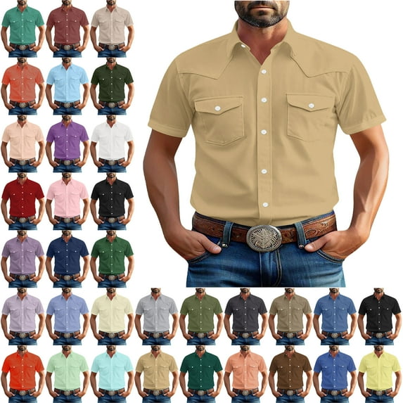 Button Down Shirt for Men Fashionable Solid Color Pocket Casual Short Sleeve Turndown Collar Blouse Shirt Men's Shirts Short Sleeve Casual Shirts Beach Summer Wedding Shirt