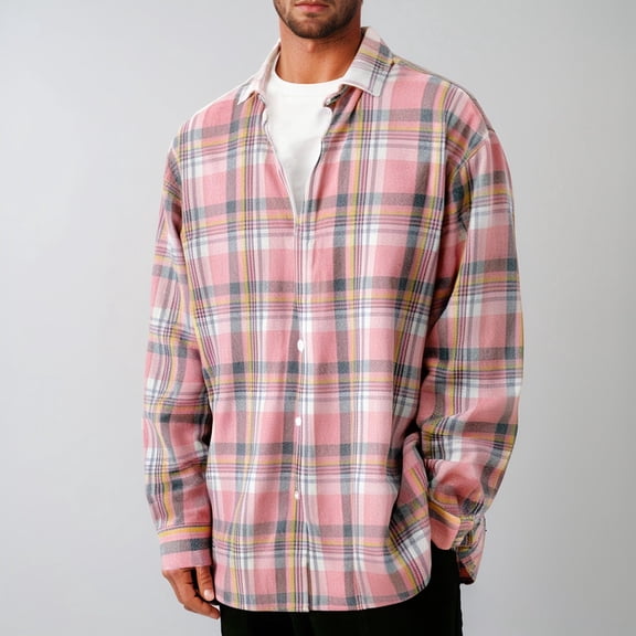 Button Down Shirt Men Long Sleeve Casual Fashion Cardigan Regular Fit Collar Flannel Shirt Comfortable Lightweight Spring Plaid Classic Basic Blouse With Pocket Pink XL