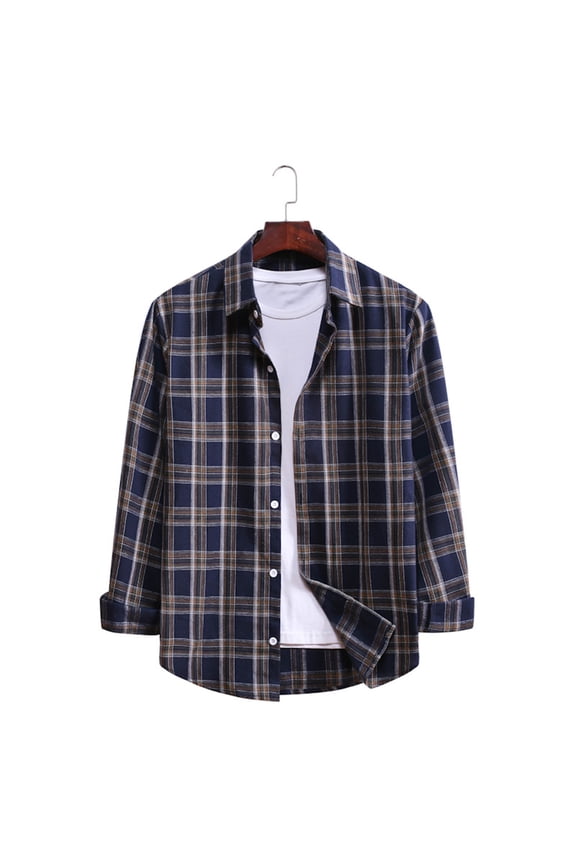 Button Down Shirt Men Long Sleeve Casual Fashion Collar Regular Fit Flannel Shirt Lightweight Versatile Fall Plaid Classic Basic Tops With Pocket Navy XL