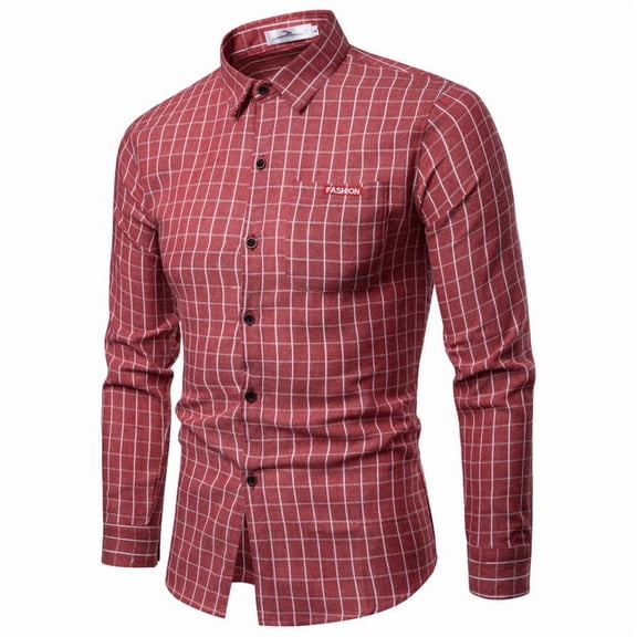 Button Down Shirt Men Long Sleeve Casual Fashion Regular Fit Collar Flannel Shirt Lightweight Comfortable Fall Plaid Classic Basic Tops With Pocket Red L