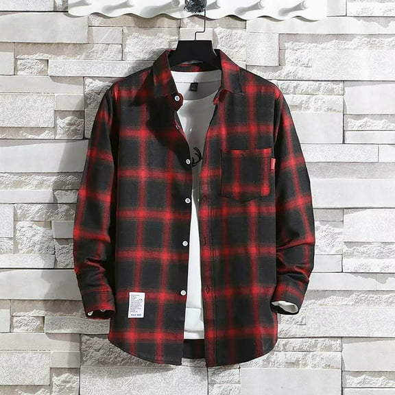 Button Down Shirt Men Long Sleeve Fashion Casual Collar Regular Fit Flannel Shirt Lightweight Breathable Spring Plaid Classic Basic Blouse With Pocket Red XXXXXL