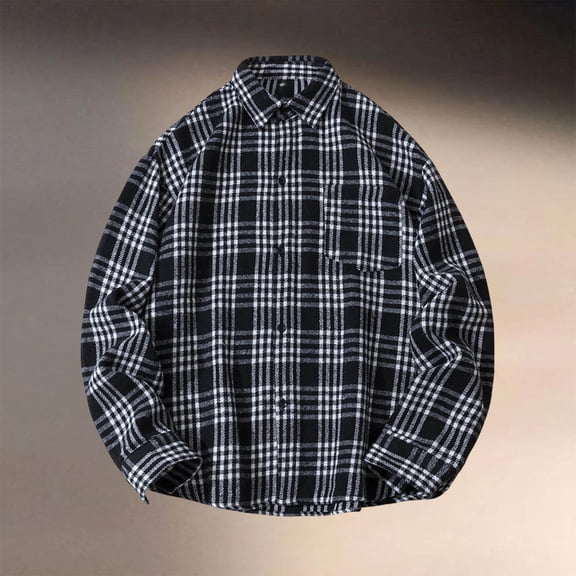 Button Down Shirt Men Long Sleeve Fashion Casual Regular Fit Collar Flannel Shirt Comfortable Lightweight Spring Plaid Classic Basic Blouse With Pocket Black XXXL