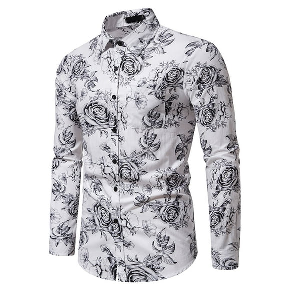 Button Down Shirt for Men Rose Printing Casual Long Sleeve Shirt Business Blouse Men Turn-down Collar Tops Blouse Shirt Men's Dress Shirt Regular Fit, White&XL