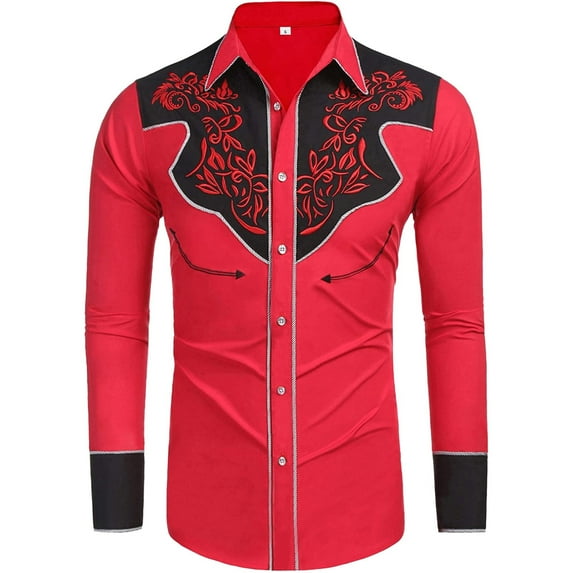 Button Up Shirt Men Vintage Pearl Snap Shirt Rhinestone Cowboy Cut Western Embroidered Turndown Collar Long Sleeve Tops Regular Fit Mens Shirts Casual