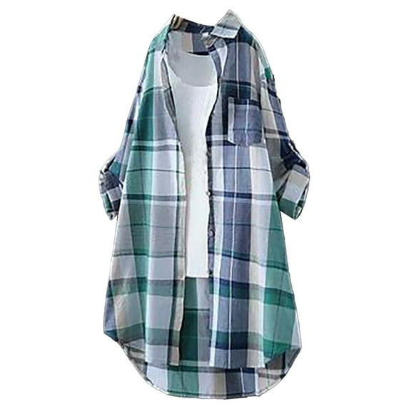 Button Up Shirt Women, Yigetop Womens Casual Long Plaid Shirts Fall Fashion Long Sleeve Boyfriend Jackets with Pockets Collared Shirts for Women Green2 S