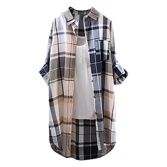 Button Up Shirt Women, Yigetop Womens Casual Long Plaid Shirts Fall Fashion Long Sleeve Boyfriend Jackets with Pockets Collared Shirts for Women Khaki S