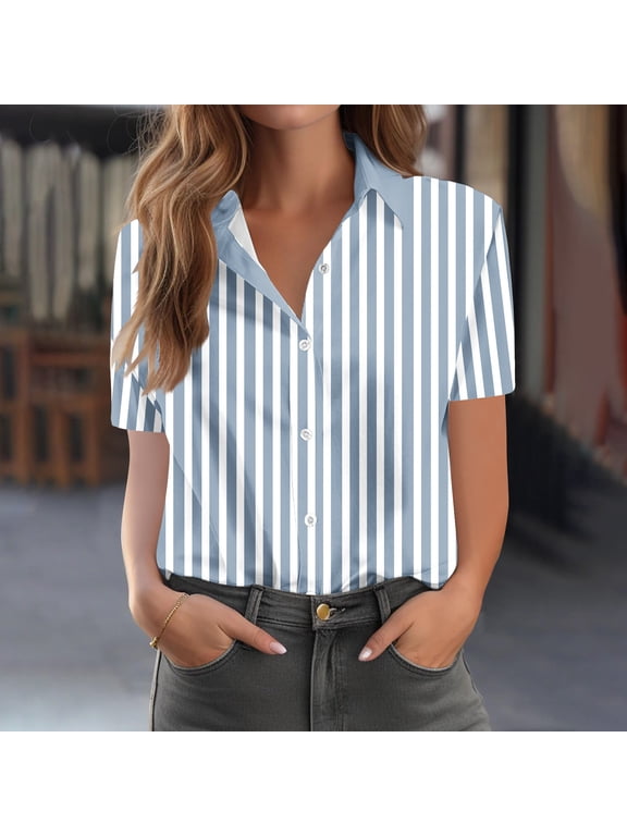 Button Down Shirt for Women Classic Sailor Stripe Pattern Collared Neck Short Sleeve Professional Business Casual Slim Fit Office Workwear Blouse