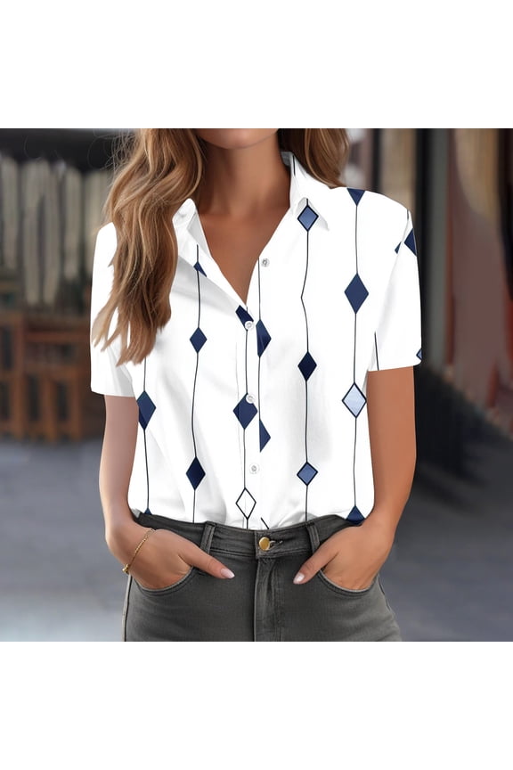 Button Down Shirt for Women Classic Sailor Stripe Pattern Collared Neck Short Sleeve Professional Business Casual Slim Fit Office Workwear Blouse