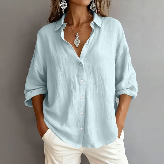 Button Down Shirt for Women Collared Long Sleeve Roll-Up Sleeve Lightweight Textured Fabric Loose Fit Classic Professional Office Work Casual Blouse