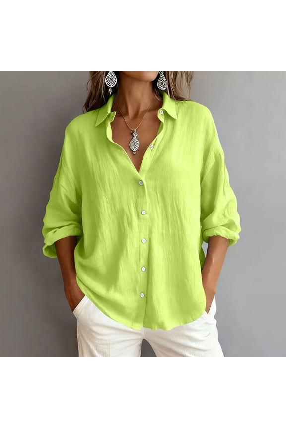 Button Down Shirt for Women Collared Long Sleeve Roll-Up Sleeve Lightweight Textured Fabric Loose Fit Classic Professional Office Work Casual Blouse