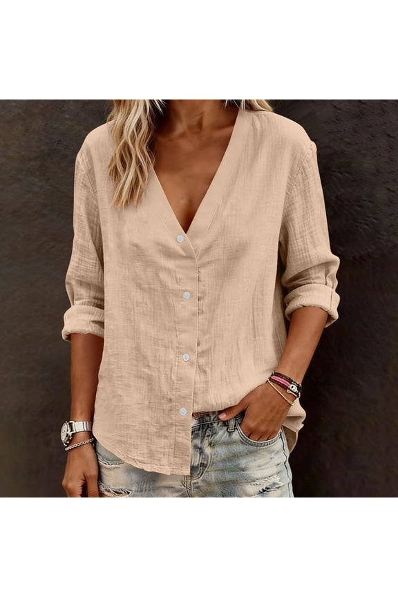 Button Down Shirt for Women V Neck Long Sleeve Breathable Cotton Blend Texture Loose Fit Casual Daily Wear Office Work Professional Blouse Clothes