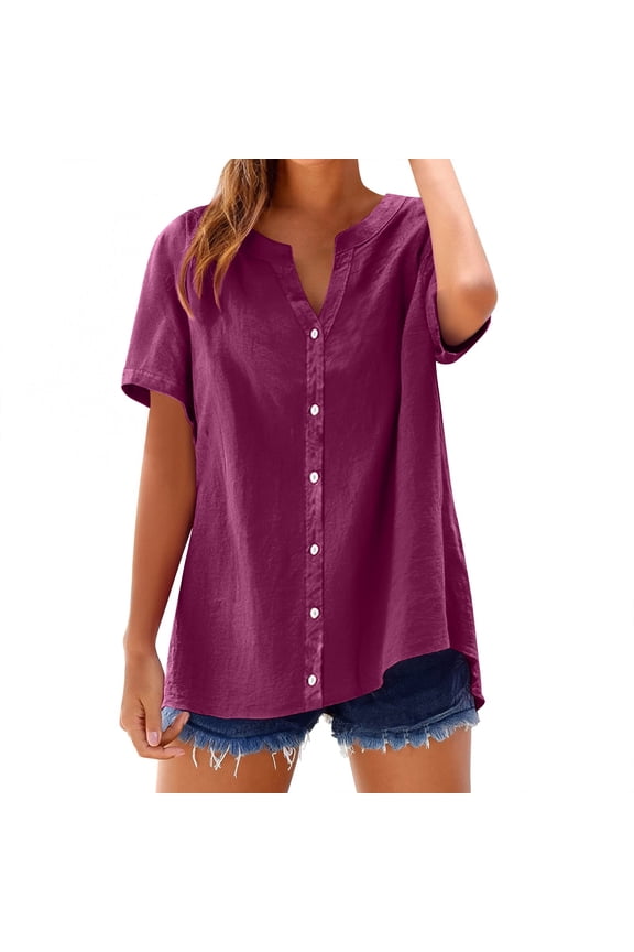 Button Down Shirts Cotton Button Up Shirt Flowy Tunic Casual Loose Tops Blouses Loose Comfy Work Gauze Blouses Summer 3/4 Sleeve Boho Tops Business Casual Outfits Womens Boho Tops Watermelon Red L