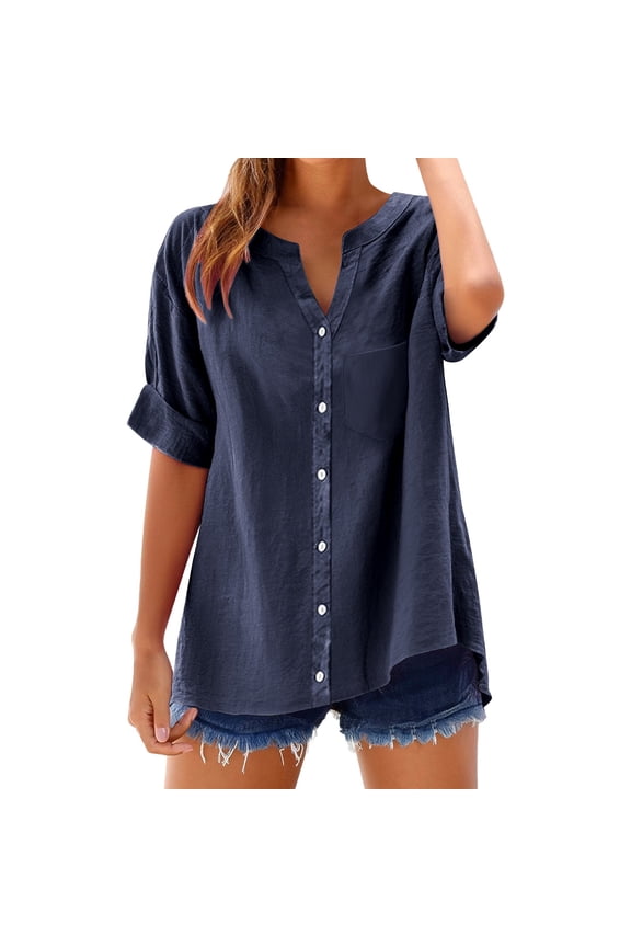 Button Down Shirts Dressy Casual Loose Floral Loose Tops Blouses Flowy Tunic Cotton Button Up Shirt Casual Loose Tops Blouses Womens Boho Tops Loose Fit Blouses Tees Shirt Blouse Navy L