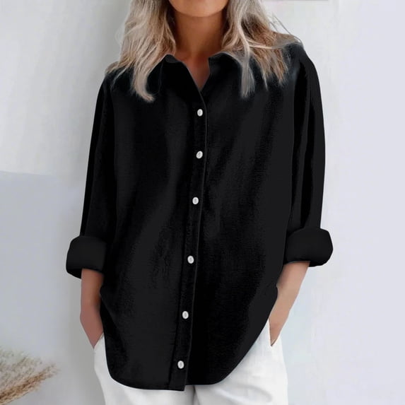 Button Down Shirts Linen Blouses Gauze Shirts Womens Business Casual Womens Tshirts Cotton Shirts Summer Blouses Linen Shirts for Women Womens Work Tops Dress Shirts for Women Black L