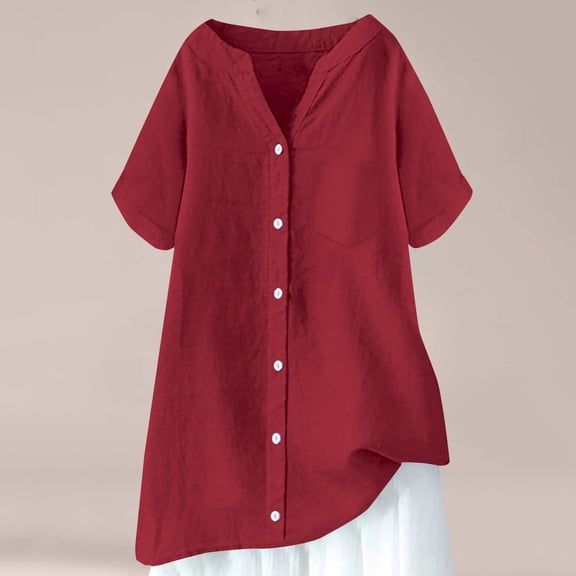 Button Down Shirts Loose Fit Blouses Womens Boho Tops Flowy Tunic Dressy Casual Loose Floral Cotton Button Up Shirt Tees Shirt Blouse Loose Comfy Work Gauze Blouses Collared Tops Red M