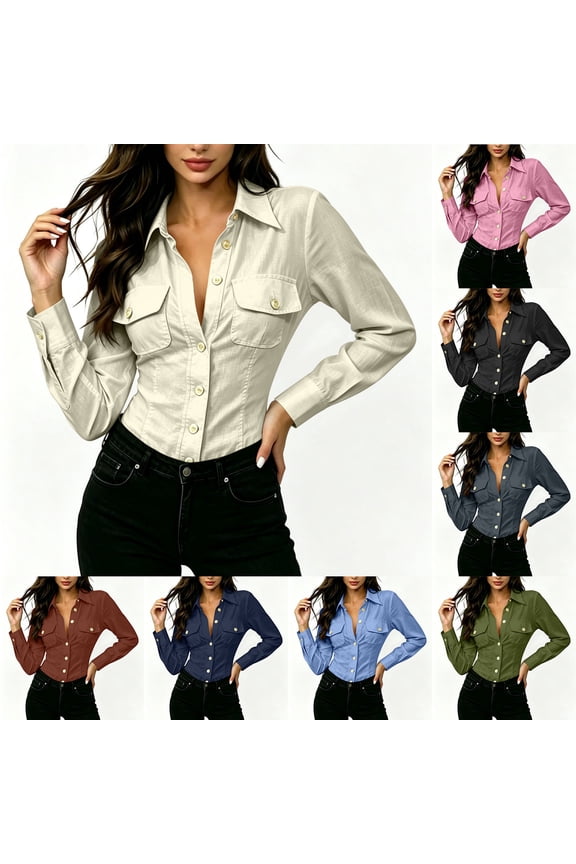 Button Down Shirts With Pockets for Women Women's Solid Color Long Sleeve Button-Front Linen Shirt With Collar And Flap Pockets Casual Blouse Black Xl