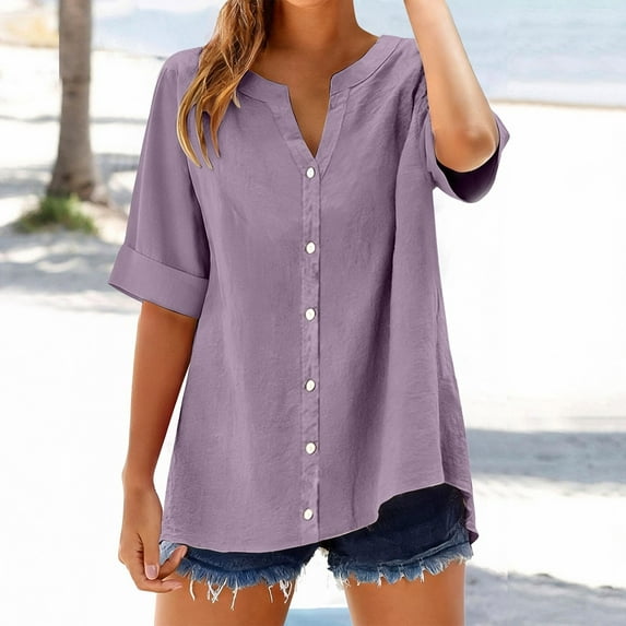 Button Down Shirts Roll Up Short Sleeve Tops Summer Trendy V-Neck ...
