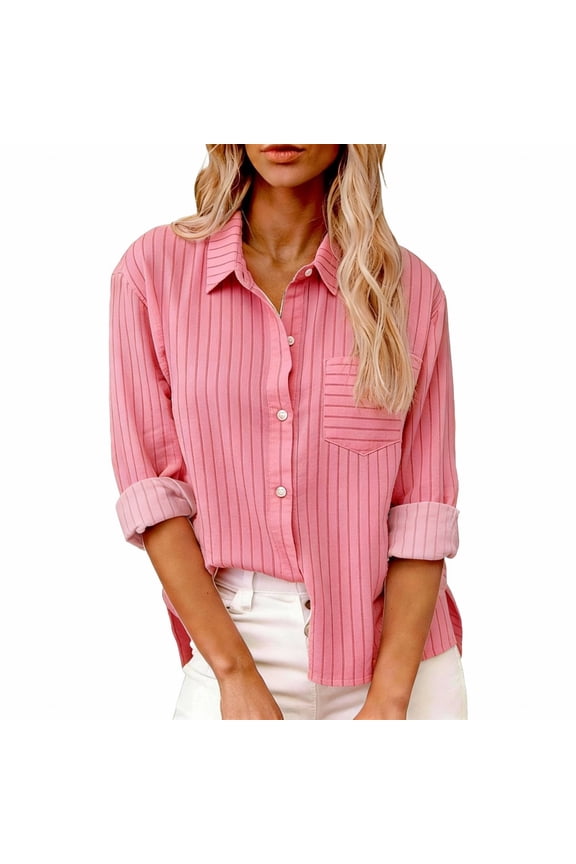Button Down Shirts For Women,Casual Loose Blouse Stain-Resistant Shirts Super Soft Wrinkle Free Striped Collared Long Sleeve Blouses Business Casual Work Shirt