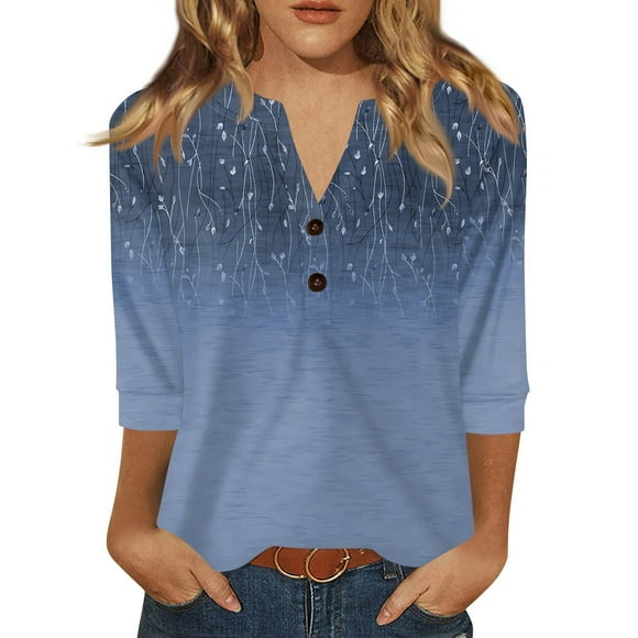 Button Down Shirts for Women, Feminine Floral Spring Wardrobe Essential Reinforced Stitch Summer T-Shirt Print Machine Washable Blouse Day-To-Night Polyester Tops V-Neck Blue Xl