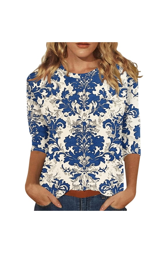 Button Down Shirts for Women, Lightweight Everyday Comfort Blouse Retro Print Streetwear T-Shirt Women's Holiday Fashion 2025 Trendy Casualwear Essentials Soft Round Neck Blue S