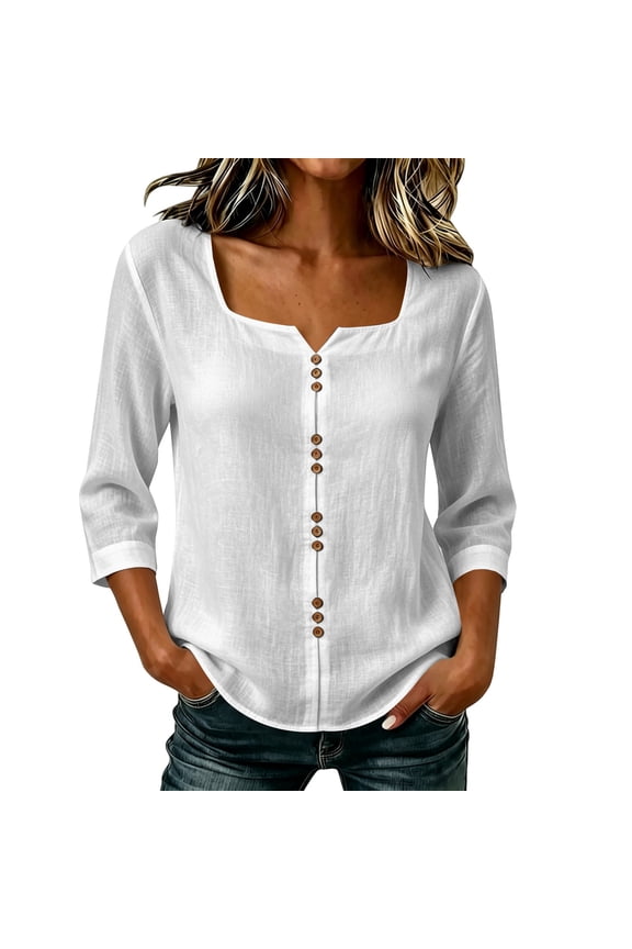 Button Down Shirts for Women Relaxed Three Quarter Sleeve Button Front Design with Easy Fit for Work Travel and Everyday Styling 3/4 Length Sleeve Tops for Women