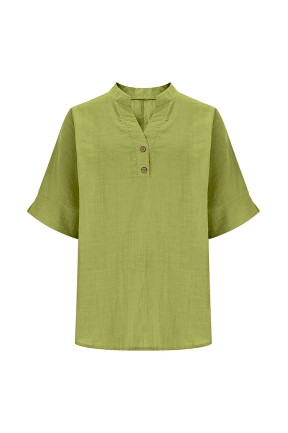 Button Down Shirts for Women Relaxed V Neck Three Quarter Sleeve Button Front Design for Vacation Weekends and Relaxed Styling 3/4 Length Sleeve Tops for Women