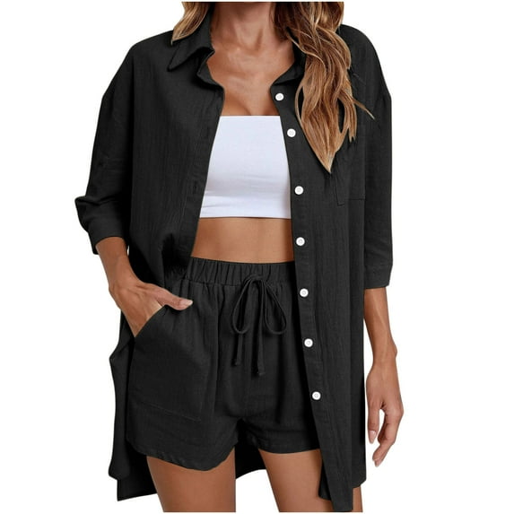 Button up Shirts Women Sets, Vacation Outfits for Woman, 2 Piece Outfits, Half Sleeve Shirts Top and Shorts Linen Set with Pockets, Summer Outfits for Lady Going out Outfits for Women Black S