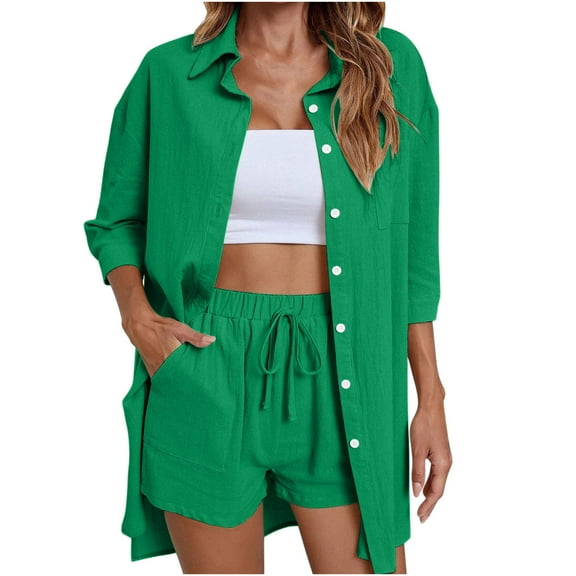 Button up Shirts Women Sets, Vacation Outfits for Woman, 2 Piece Outfits, Half Sleeve Shirts Top and Shorts Linen Set with Pockets, Summer Outfits for Lady Outfits for Women Green S
