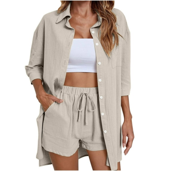 Button up Shirts Women Sets, Vacation Outfits for Woman, 2 Piece Outfits, Half Sleeve Shirts Top and Shorts Linen Set with Pockets, Summer Outfits for Lady Womens Business Outfits Beige XL