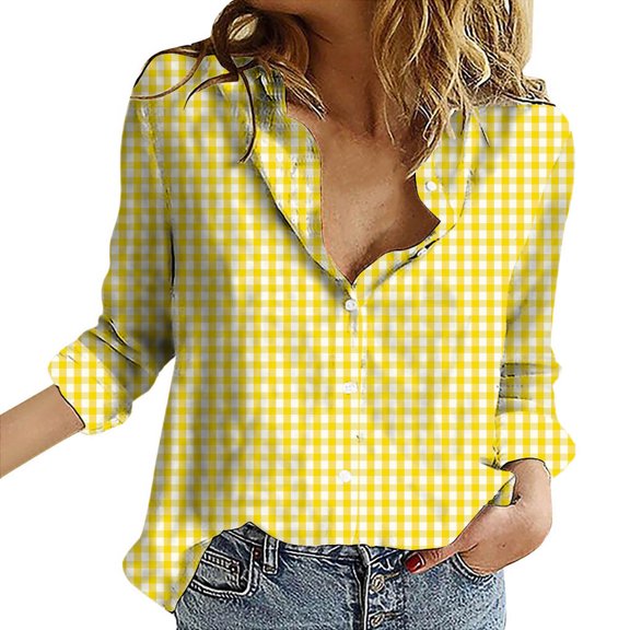 Button Down Shirts for Women, Yigetop Womens Long Sleeve Button Down Shirts Casual Blouse Tops Spring Fashion 2025 Long Sleeve Shirts for Women Yellow1 5XL