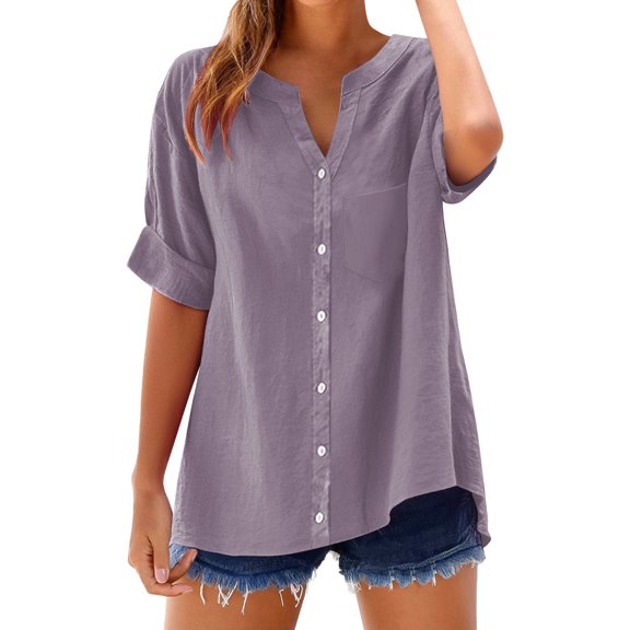 Button Down Shirts Womens Boho Tops Tees Shirt Blouse Dressy Casual Loose Floral Cotton Button Up Shirt Loose Tops Blouses Flowy Tunic Summer 3/4 Sleeve Boho Tops Office Work Tops Purple S