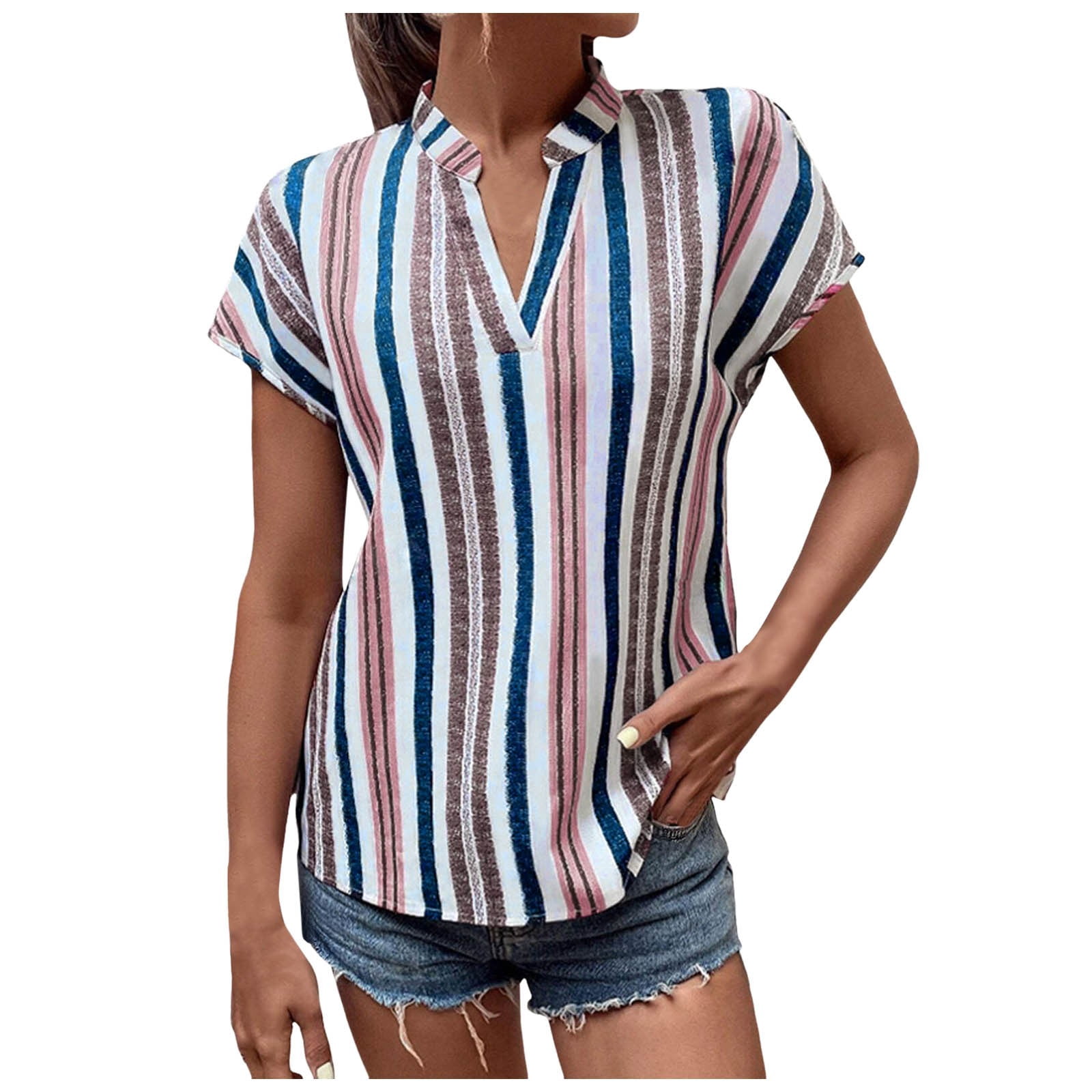 Button Shirts Womens Fashion Casual Summer Fashion Stripe Print V Neck