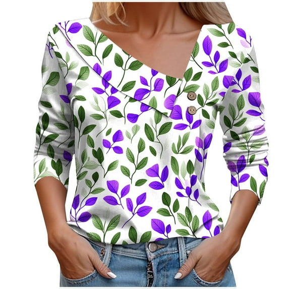Button Shirts for Women Long Sleeve Dressy Shirt Fashion Floral Printed Blouses Casual Button-Up Loose T-shirt V-Neck Lapel Pullover Top Purple XXL