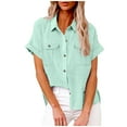 thumbnail image 1 of Button Shirts for Women Short Sleeve Cotton Linen Shirts V Neck Collared Blouses Casual Summer Tops with Pocket Mint Green S, 1 of 9