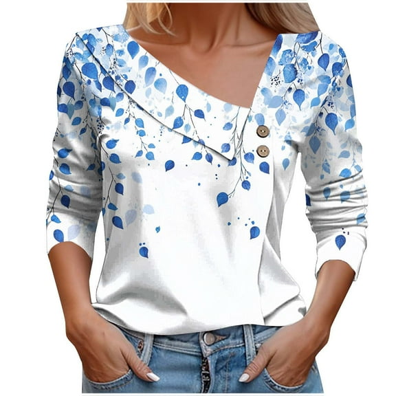 Button Shirts for Womens Long Sleeve Dressy Shirt Fashion Floral Printed Blouses Casual Button-Up Loose T-shirt V-Neck Lapel Pullover Top Blue S