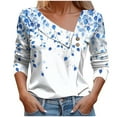 thumbnail image 1 of Button Shirts for Womens Long Sleeve Dressy Shirt Fashion Floral Printed Blouses Casual Button-Up Loose T-shirt V-Neck Lapel Pullover Top Blue XL, 1 of 5