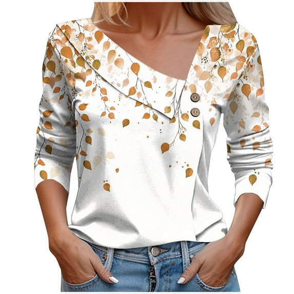 Button Shirts for Womens Long Sleeve Dressy Shirt Fashion Floral Printed Blouses Casual Button-Up Loose T-shirt V-Neck Lapel Pullover Top Orange XXL
