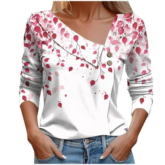 Button Shirts for Womens Long Sleeve Dressy Shirt Fashion Floral Printed Blouses Casual Button-Up Loose T-shirt V-Neck Lapel Pullover Top Pink XXL