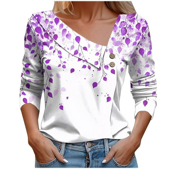 Button Shirts for Womens Long Sleeve Dressy Shirt Fashion Floral Printed Blouses Casual Button-Up Loose T-shirt V-Neck Lapel Pullover Top Purple M