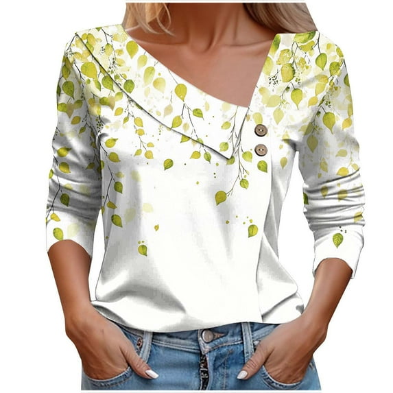 Button Shirts for Womens Long Sleeve Dressy Shirt Fashion Floral Printed Blouses Casual Button-Up Loose T-shirt V-Neck Lapel Pullover Top Yellow XXL