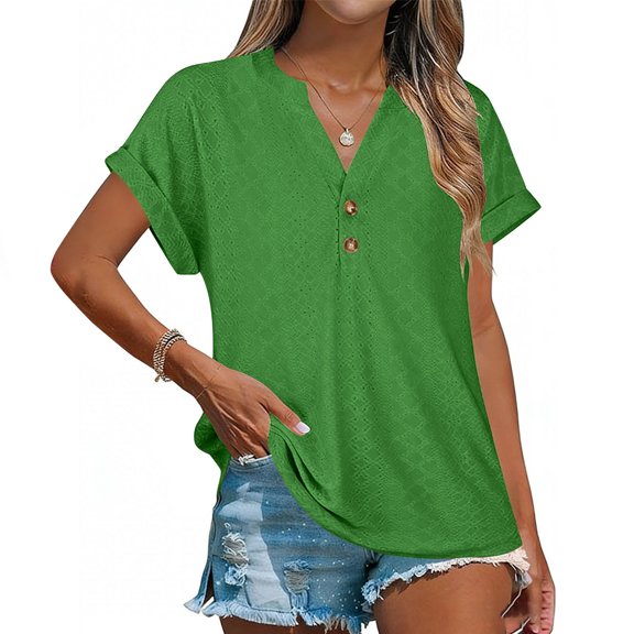 Button Short Sleeve Womens Eyelet Short Sleeve Shirts Ladies Summer Button V-Neck T Shirts Loose Casual Breathable Tunic Tops for Beach Vacation Green XL