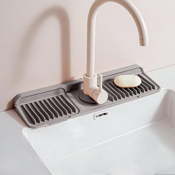 Button Style Faucet Drip Catcher – Silicone Faucet Mat for Kitchen Sink, Leak-Proof Splash Guard with 6° Slope, Behind Faucet Draining Mat, Easy Bathroom & Kitchen Gadgets